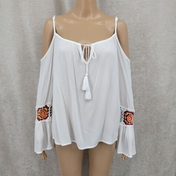 The Line of Style Tops - The Line Of Style White Bohemian Flowy Cold Shoulder Top with Colorful Chrochet